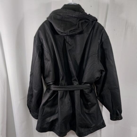 PRESTIGE LEATHER! BLACK GENUINE LEATHER BELTED WAIST HOODIE COAT, JACKET! SZ 2XL - Picture 9 of 15